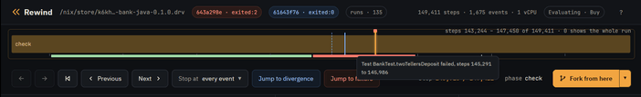 The timeline's test strip: a green span for the first test, a red one for the second, and a pointer on the red span showing Test BankTest.twoTellersDeposit failed, steps 145,291 to 145,986