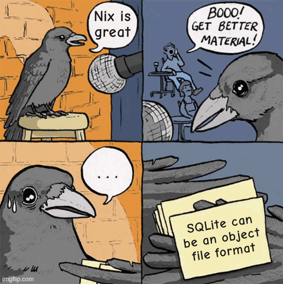 Four-panel comic. A crow at a microphone says "Nix is great"; the audience
boos and shouts "get better material"; the crow looks stricken; the last panel
shows its remaining cue cards, which read "SQLite can be an object file format".