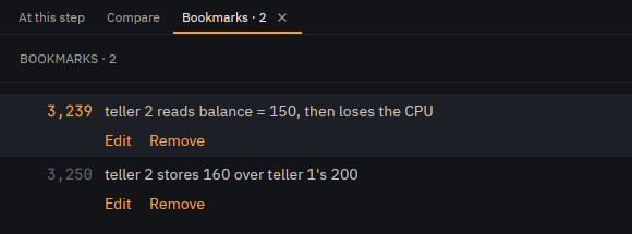 The Rewind app's Bookmarks tab with two notes: step 3,239, teller 2 reads balance = 150, then loses the CPU, and step 3,250, teller 2 stores 160 over teller 1's 200