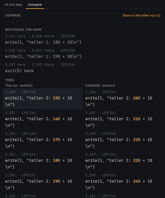 The Rewind app's Compare tab: both runs' last shared events, teller 1's writes, then the failing run's teller 2 writing 150, 160, 170 beside the passing run's 200, 210, 220