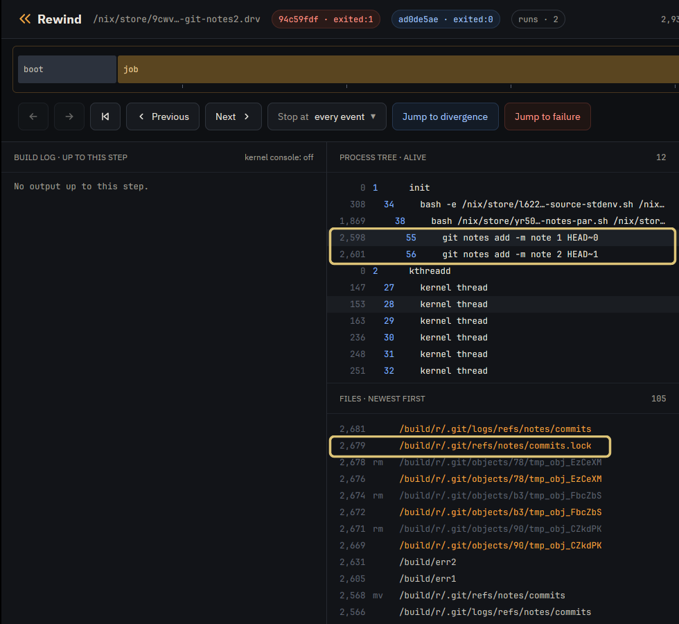 The Rewind app at step 2,682 of the failing run: a box around both git notes add processes in the process tree, and a box around refs/notes/commits.lock in the files list
