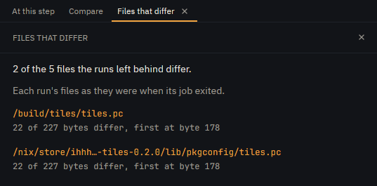 The Rewind app's Files that differ tab for seed 0's and seed 1's tiles runs: 2 of the 5 files the runs left behind differ, /build/tiles/tiles.pc and the installed copy, each with 22 of 227 bytes differing, first at byte 178