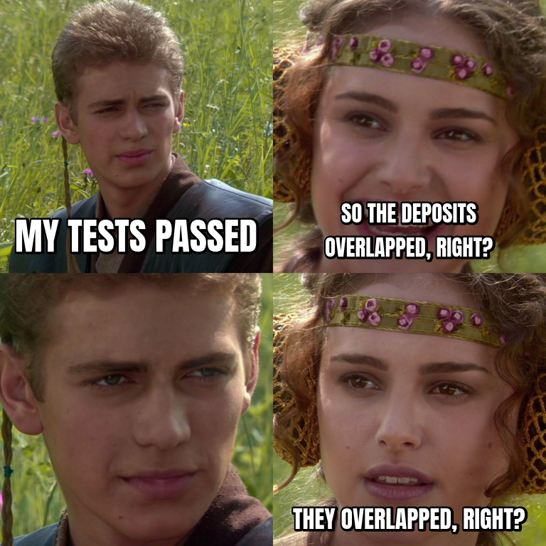 Anakin and Padme meme. Anakin: my tests passed. Padme, smiling: so the deposits overlapped, right? Anakin says nothing. Padme: they overlapped, right?