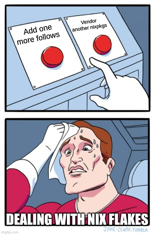 meme two buttons about vendoring nixpkgs
